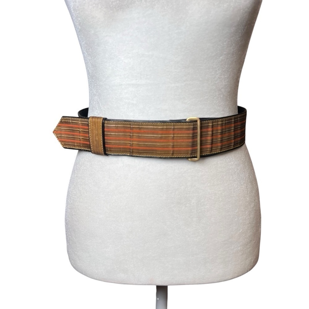 VTG 1970s Leather Striped Canvas Statement Belt Sz 33 Retro Mod Unisex Boho Med